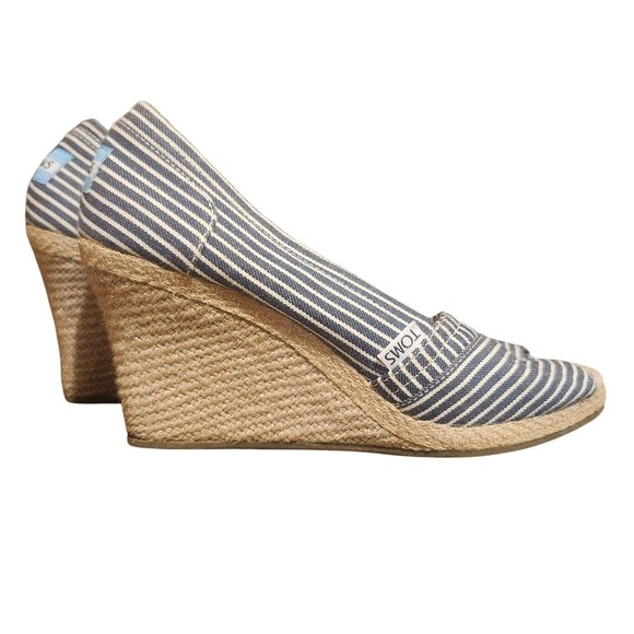 Toms Womens 7.5 Blue & White Striped Canvas Espadrille Peep Toe Wedge Heels - Picture 5 of 7